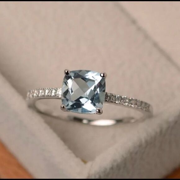 Delicate Sea Blue Cushion Diamond Ring - Picture 2 of 6